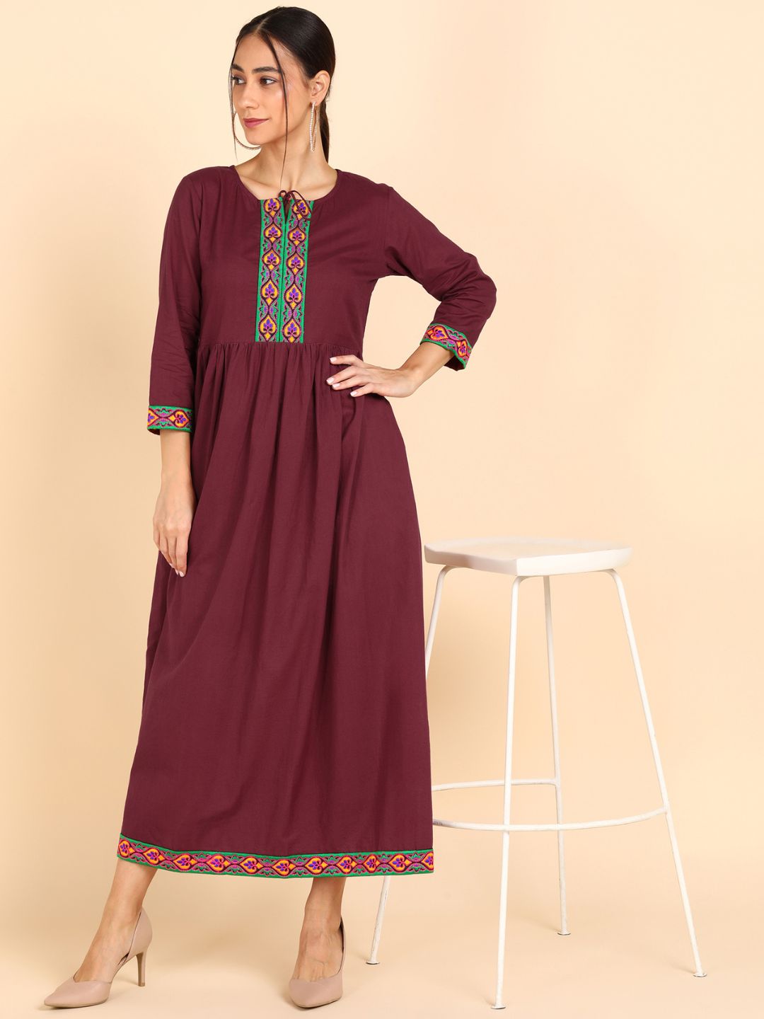 Cotton Embroidered Solid Gathered Waist Maxi Dress - Maroon