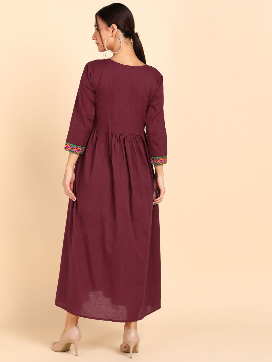 Cotton Embroidered Solid Gathered Waist Maxi Dress - Maroon