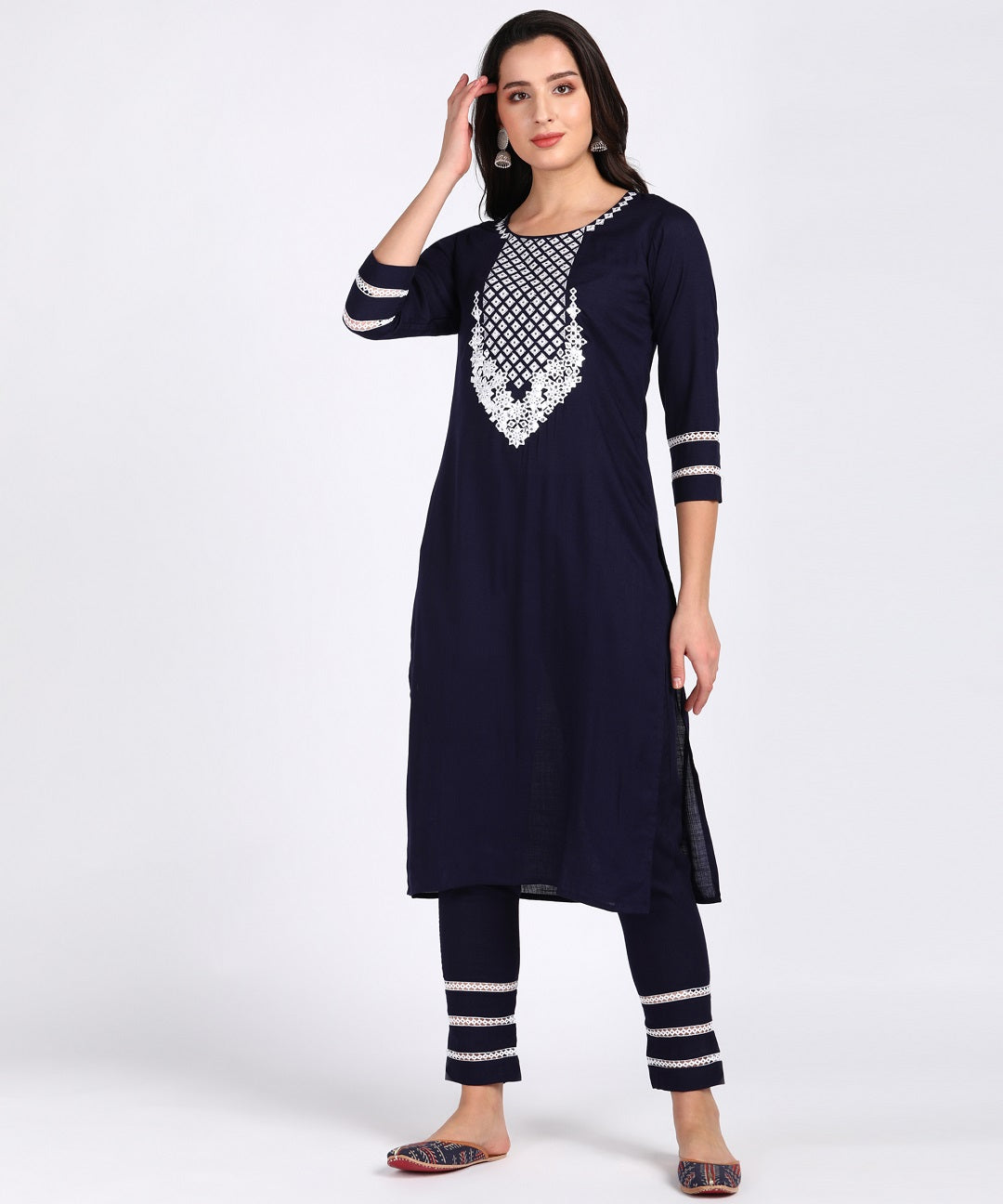 Solid Thread Embroidered Straight Kurta Pant Set - Navy Blue