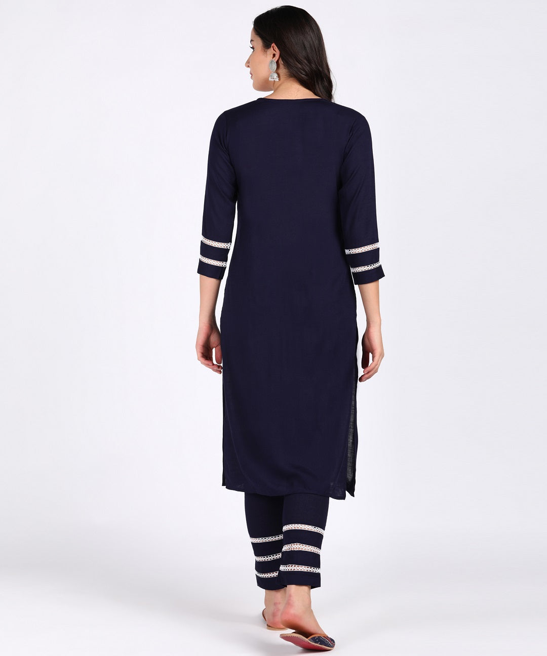 Solid Thread Embroidered Straight Kurta Pant Set - Navy Blue