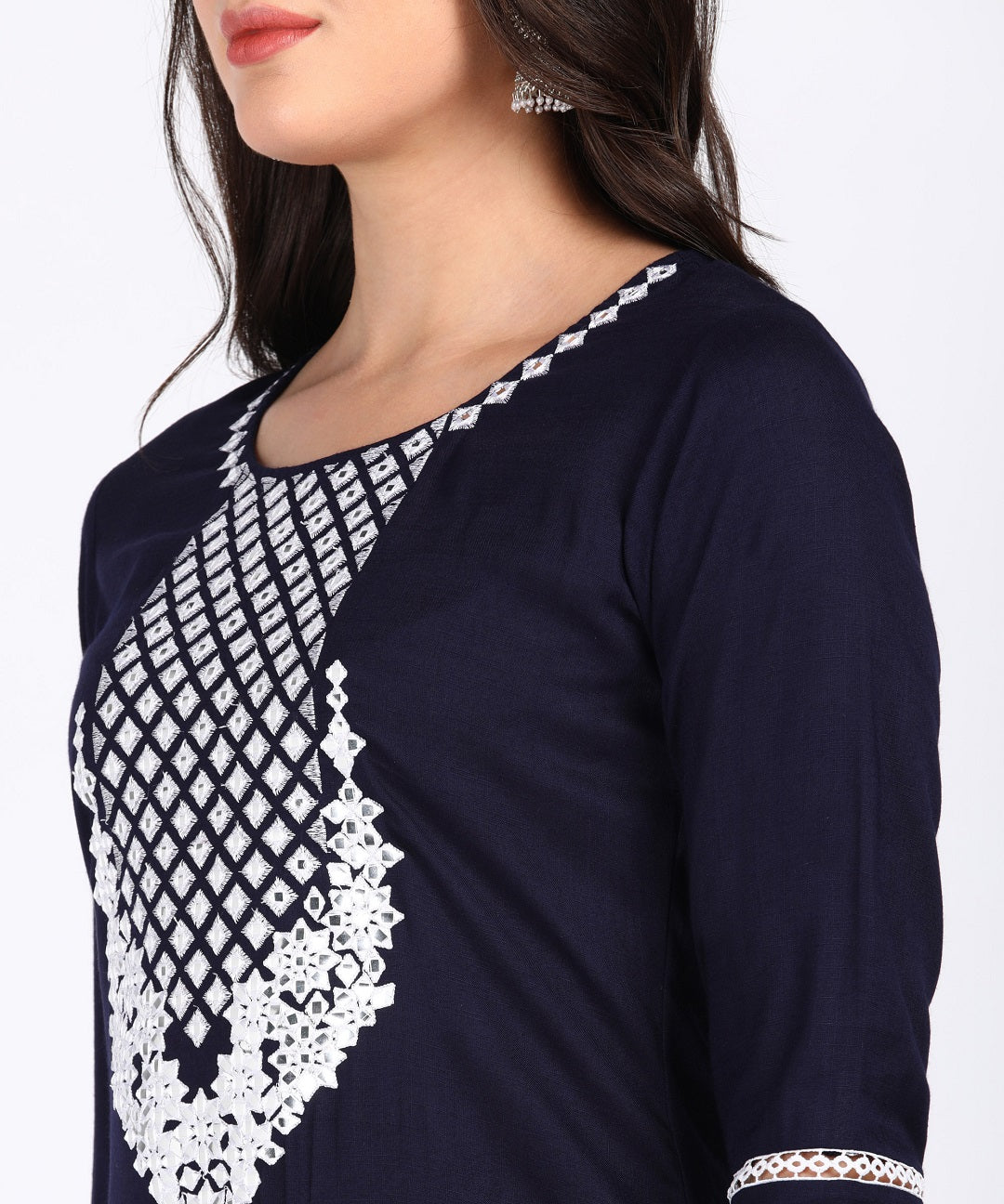 Solid Thread Embroidered Straight Kurta Pant Set - Navy Blue