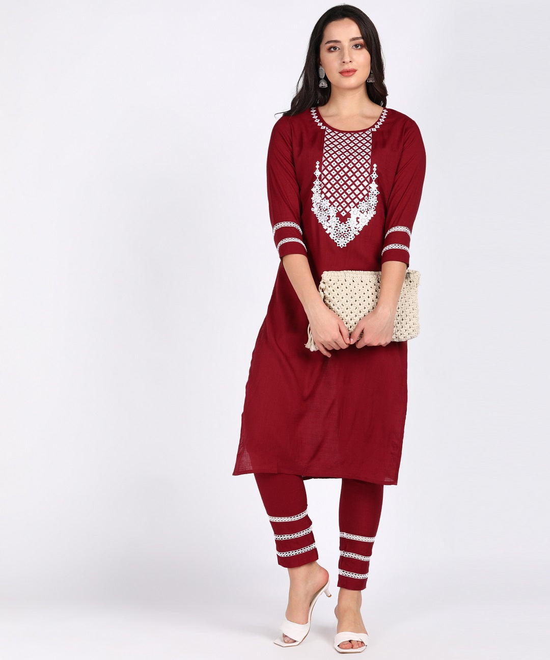 Solid Thread Embroidered Straight Kurta Pant Set - Maroon