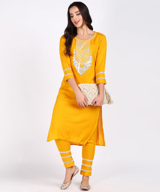 Solid Thread Embroidered Straight Kurta Pant Set - Mustard