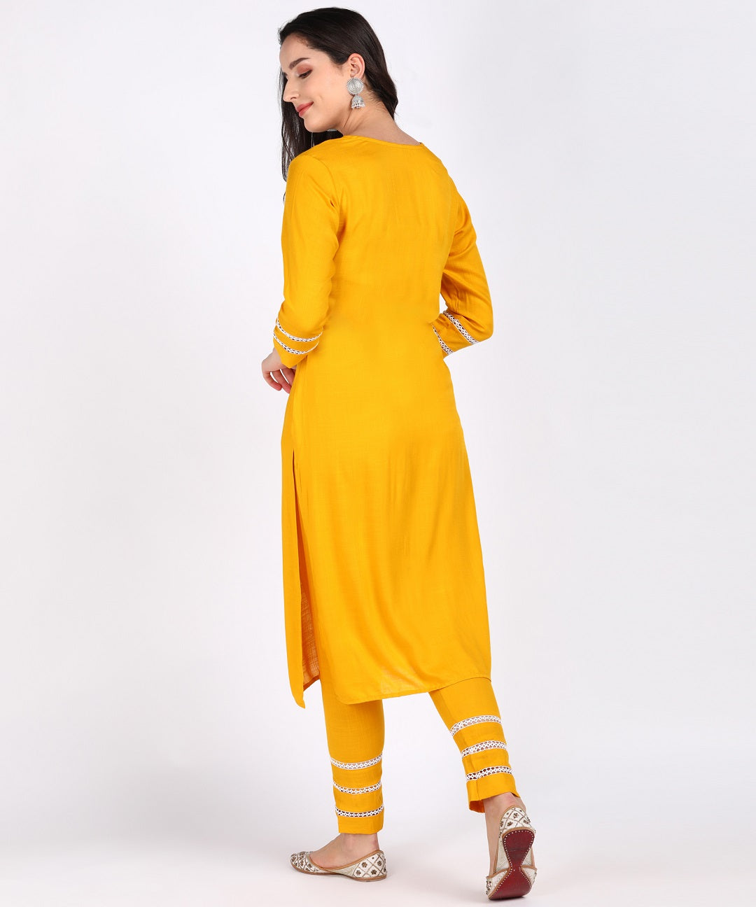 Solid Thread Embroidered Straight Kurta Pant Set - Mustard
