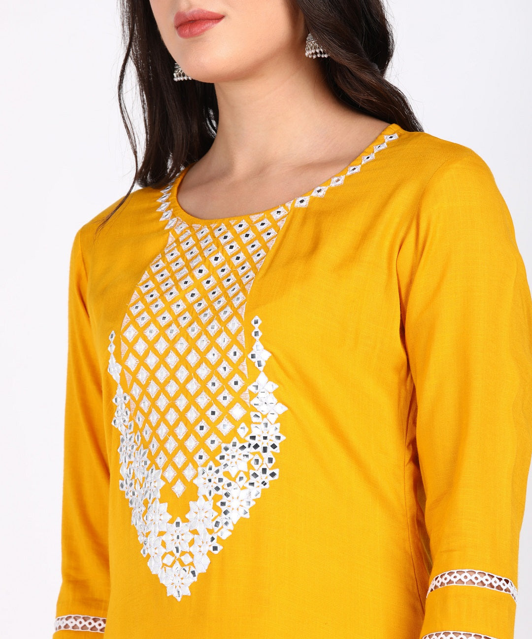 Solid Thread Embroidered Straight Kurta Pant Set - Mustard