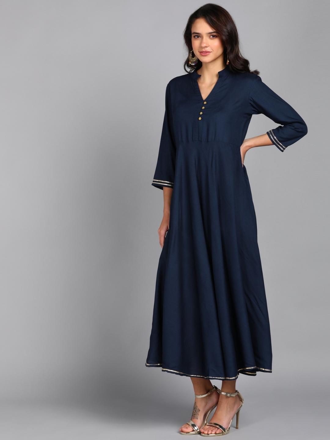 Solid Maxi Dress with Ethnic Dupatta - Navy-Grey