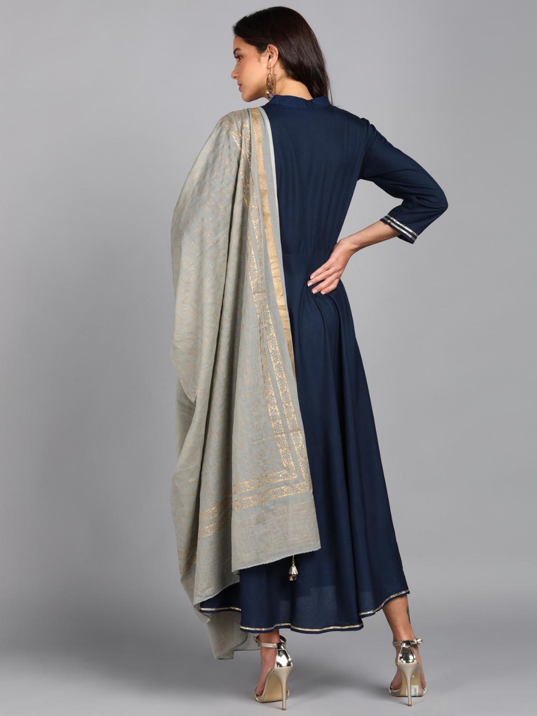 Solid Maxi Dress with Ethnic Dupatta - Navy-Grey