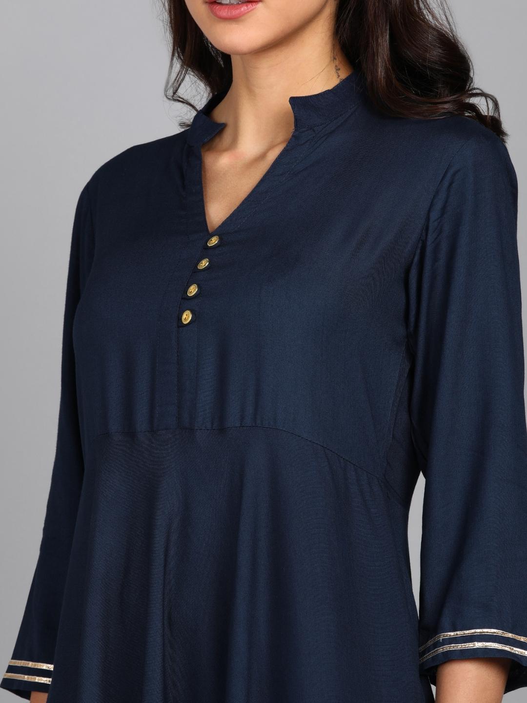 Solid Maxi Dress with Ethnic Dupatta - Navy-Grey