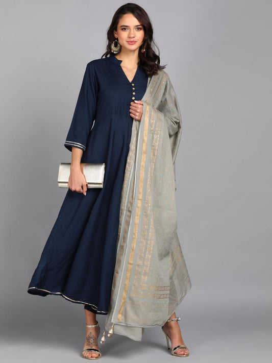 Solid Maxi Dress with Ethnic Dupatta - Navy-Grey