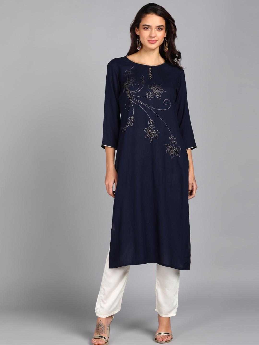 Floral Embellished Solid Kurta - Navy Blue