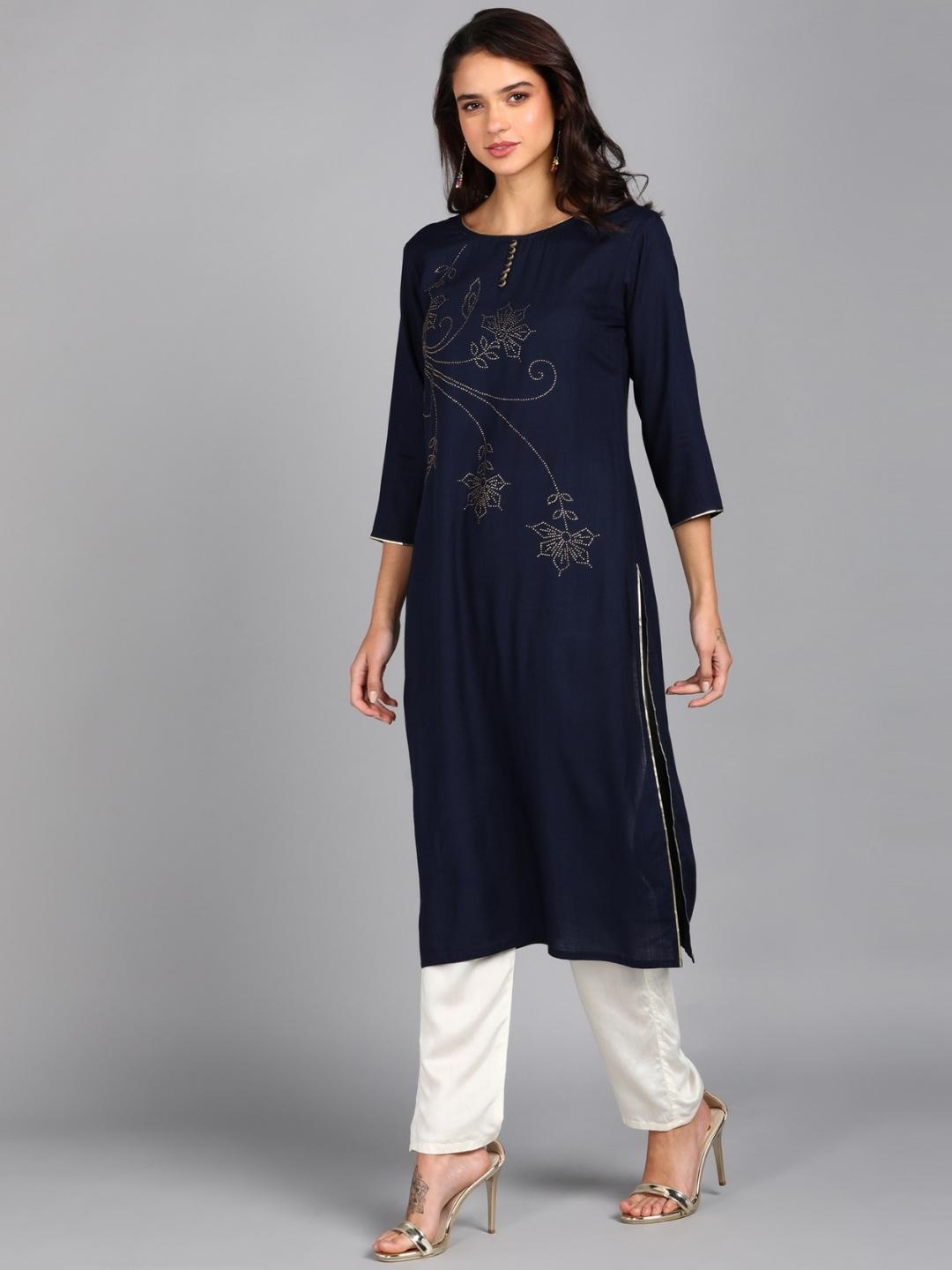 Floral Embellished Solid Kurta - Navy Blue