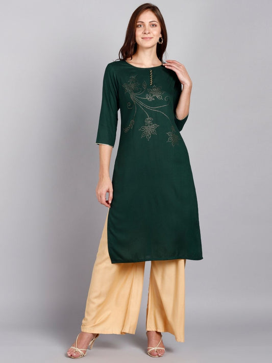 Floral Embellished Solid Kurta - Dark Green