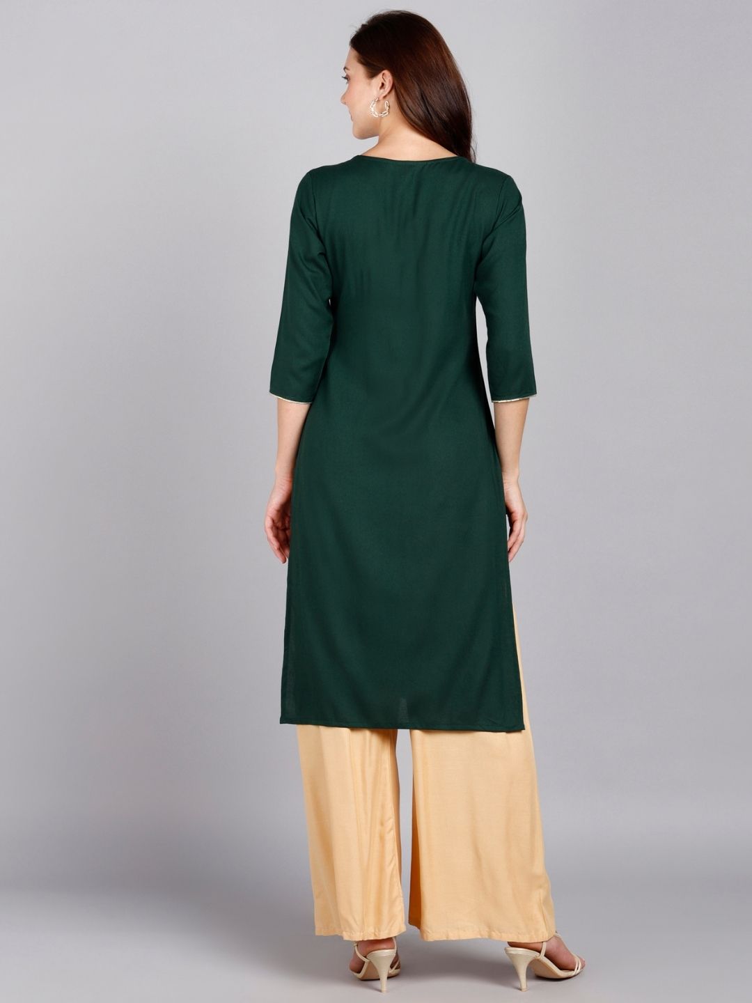 Floral Embellished Solid Kurta - Dark Green