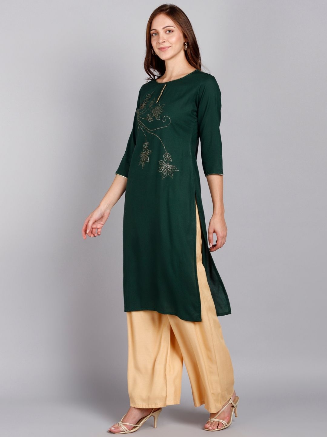 Floral Embellished Solid Kurta - Dark Green