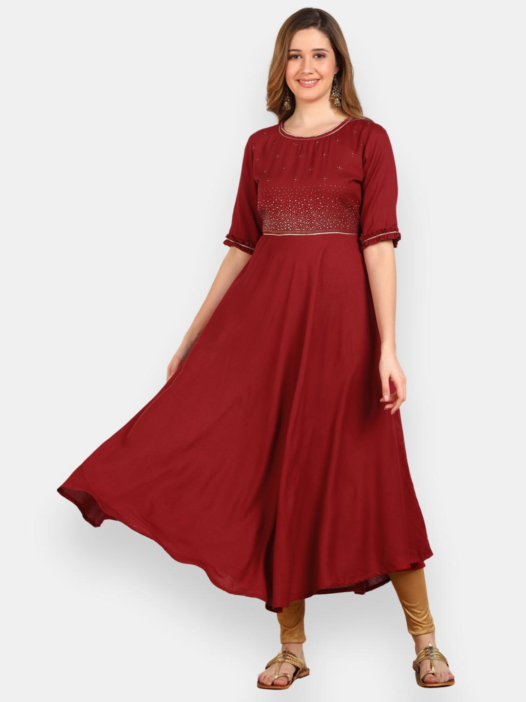 Embellished Flared Solid Kurta - Maroon