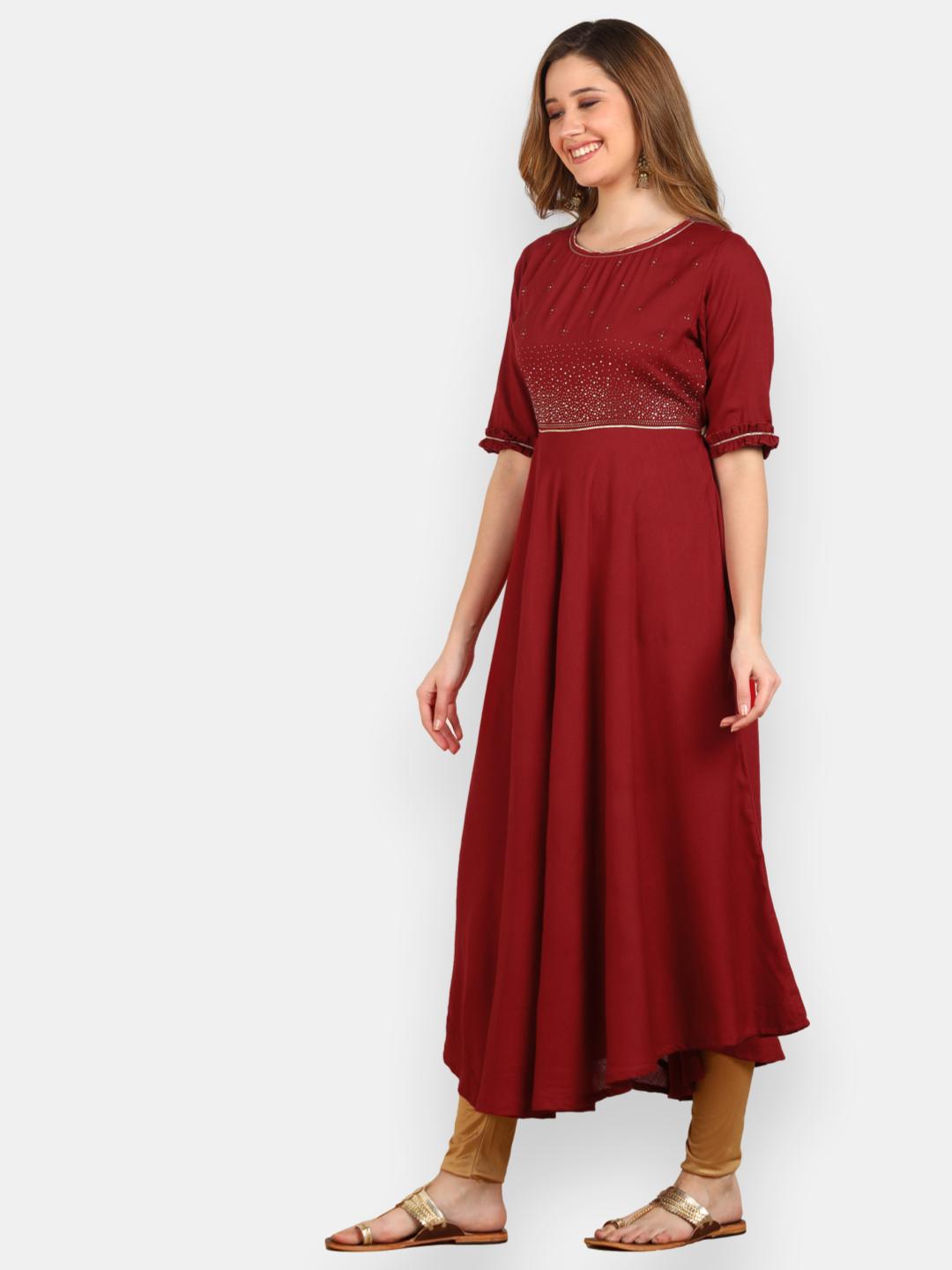 Embellished Flared Solid Kurta - Maroon