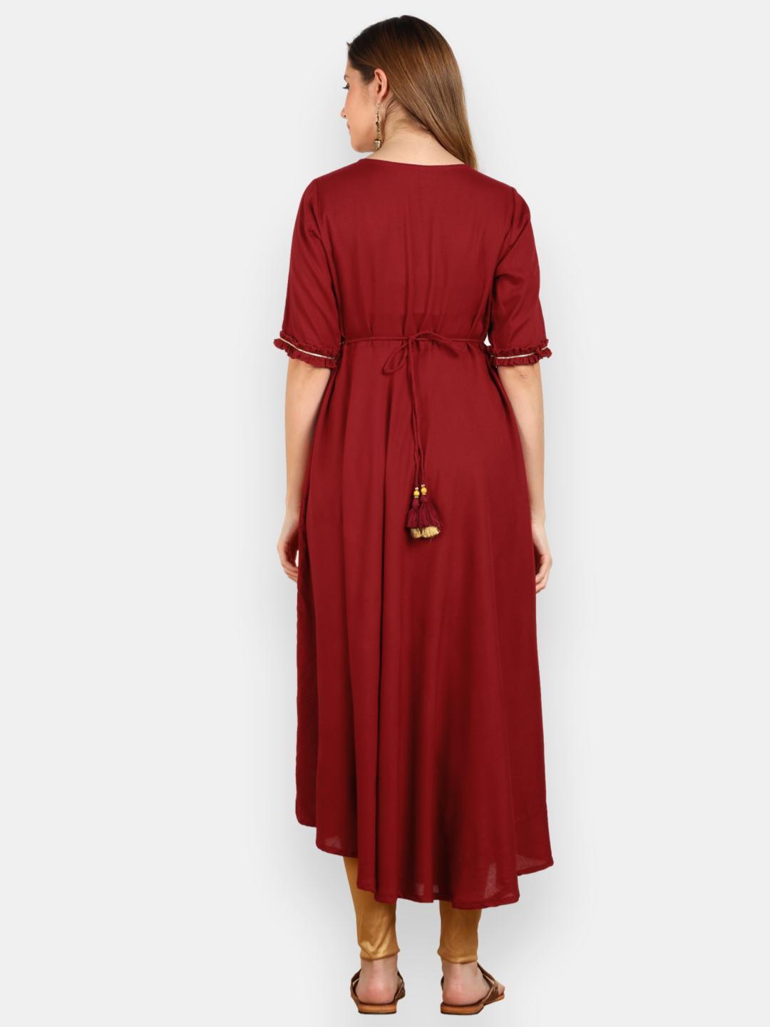 Embellished Flared Solid Kurta - Maroon