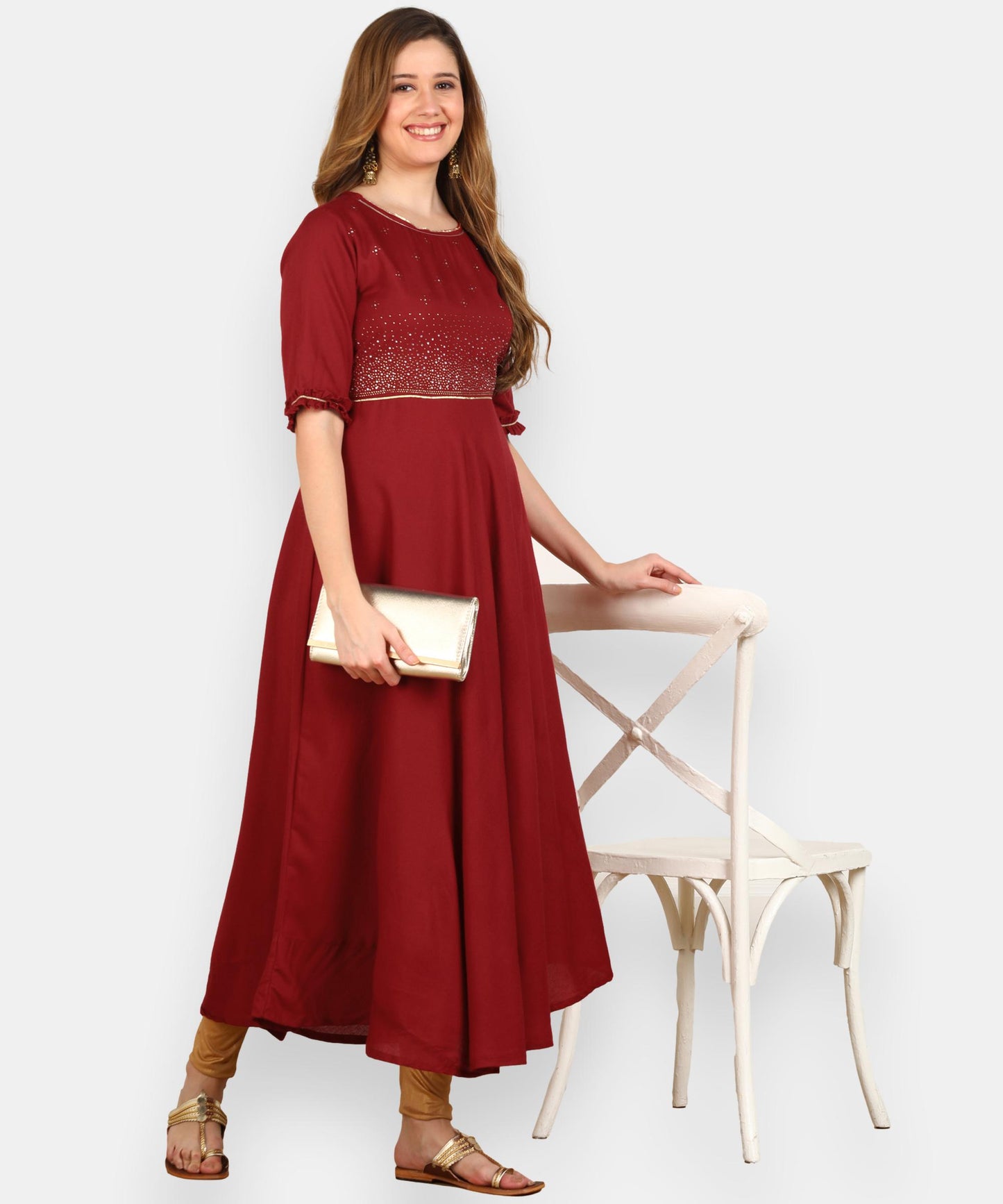 Embellished Flared Solid Kurta - Maroon