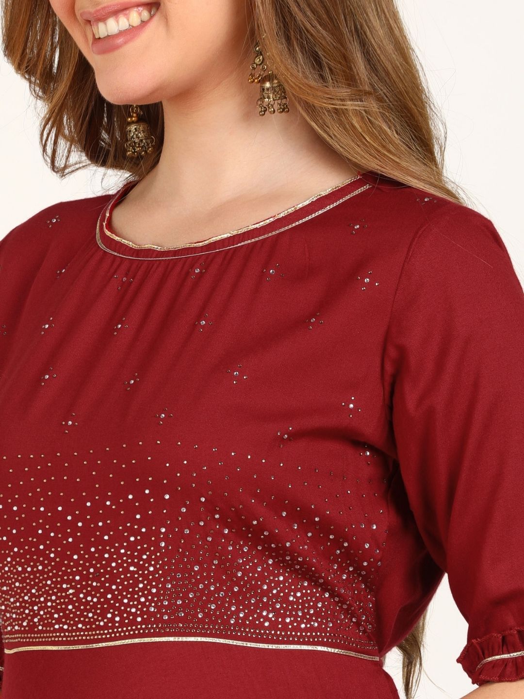 Embellished Flared Solid Kurta - Maroon