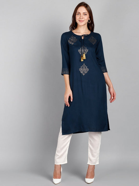 Rayon Embellished Solid Kurta - Blue