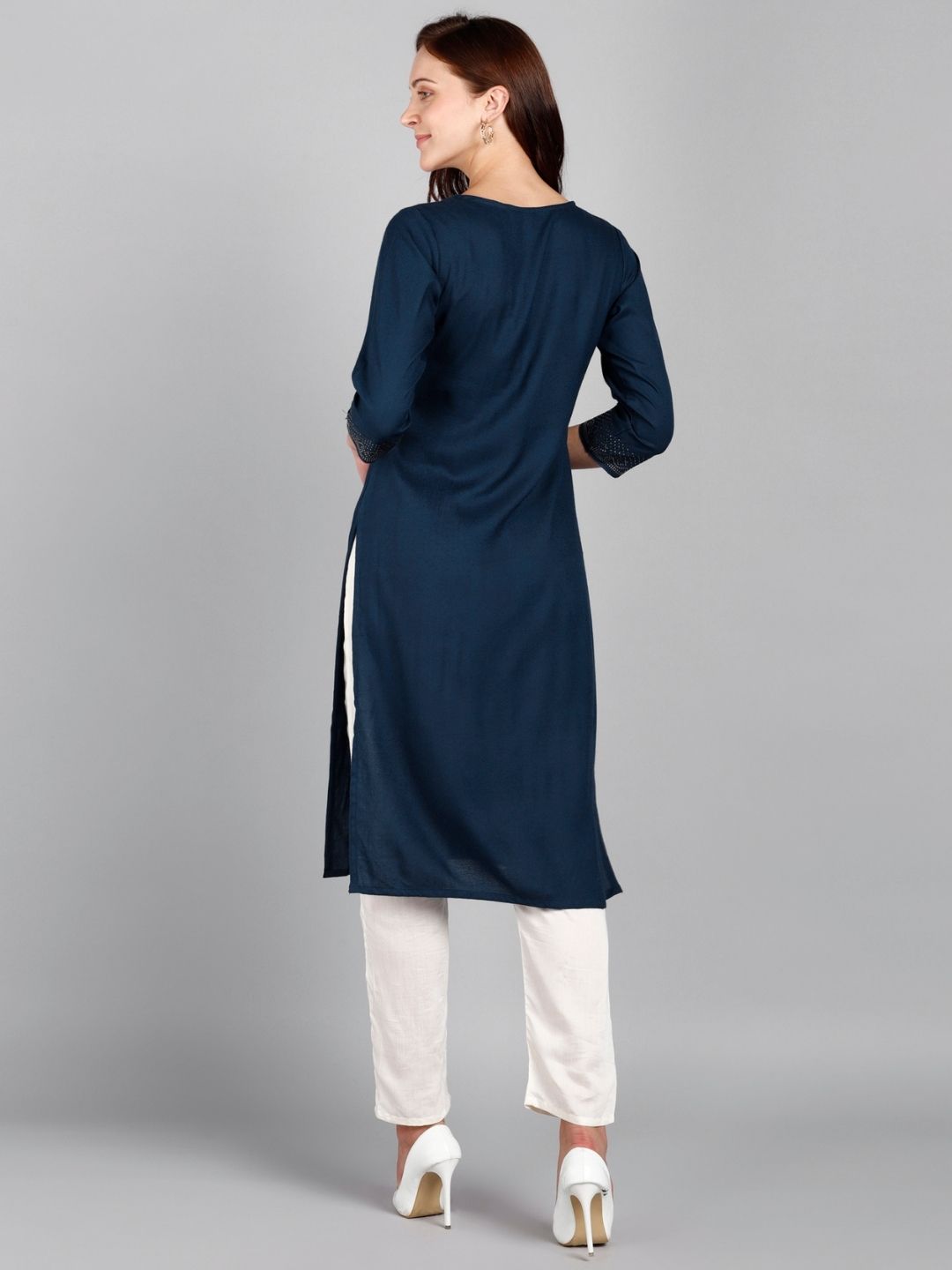 Rayon Embellished Solid Kurta - Blue
