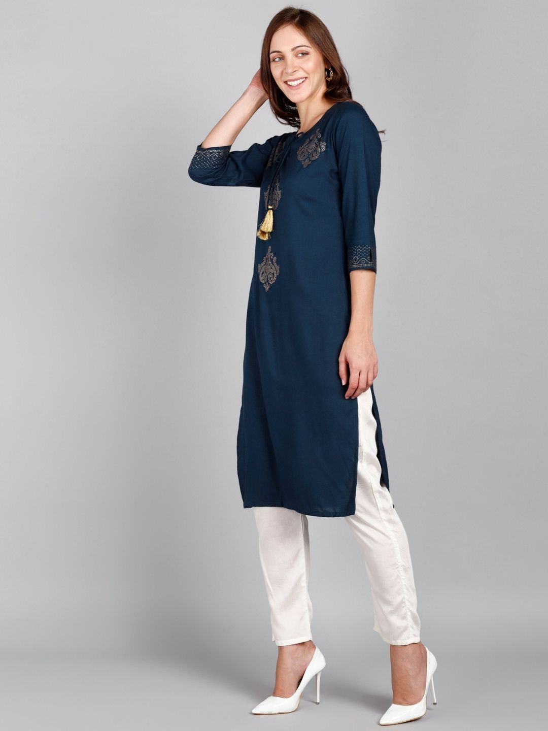Rayon Embellished Solid Kurta - Blue