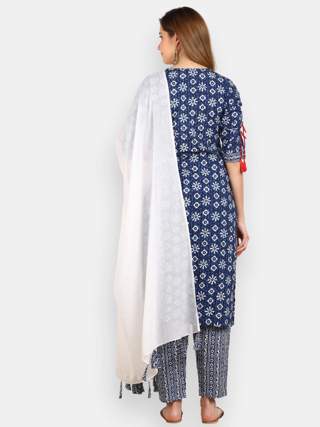Floral Stripes Print Kurta, Pant and Dupatta Set - Indigo
