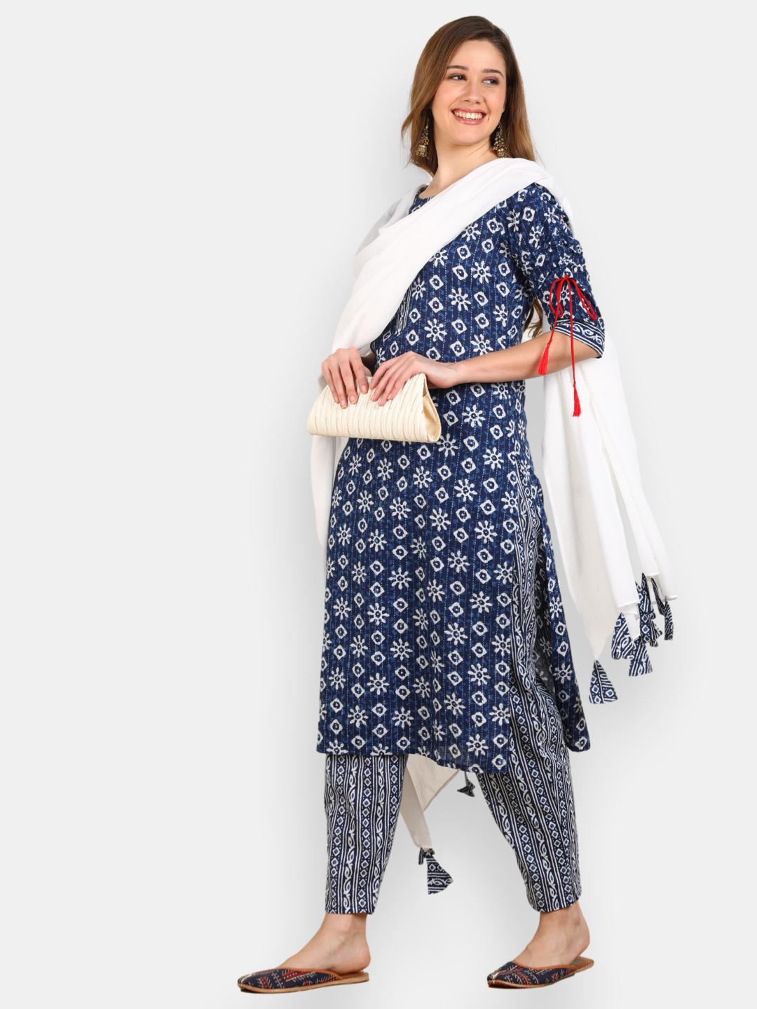 Floral Stripes Print Kurta, Pant and Dupatta Set - Indigo