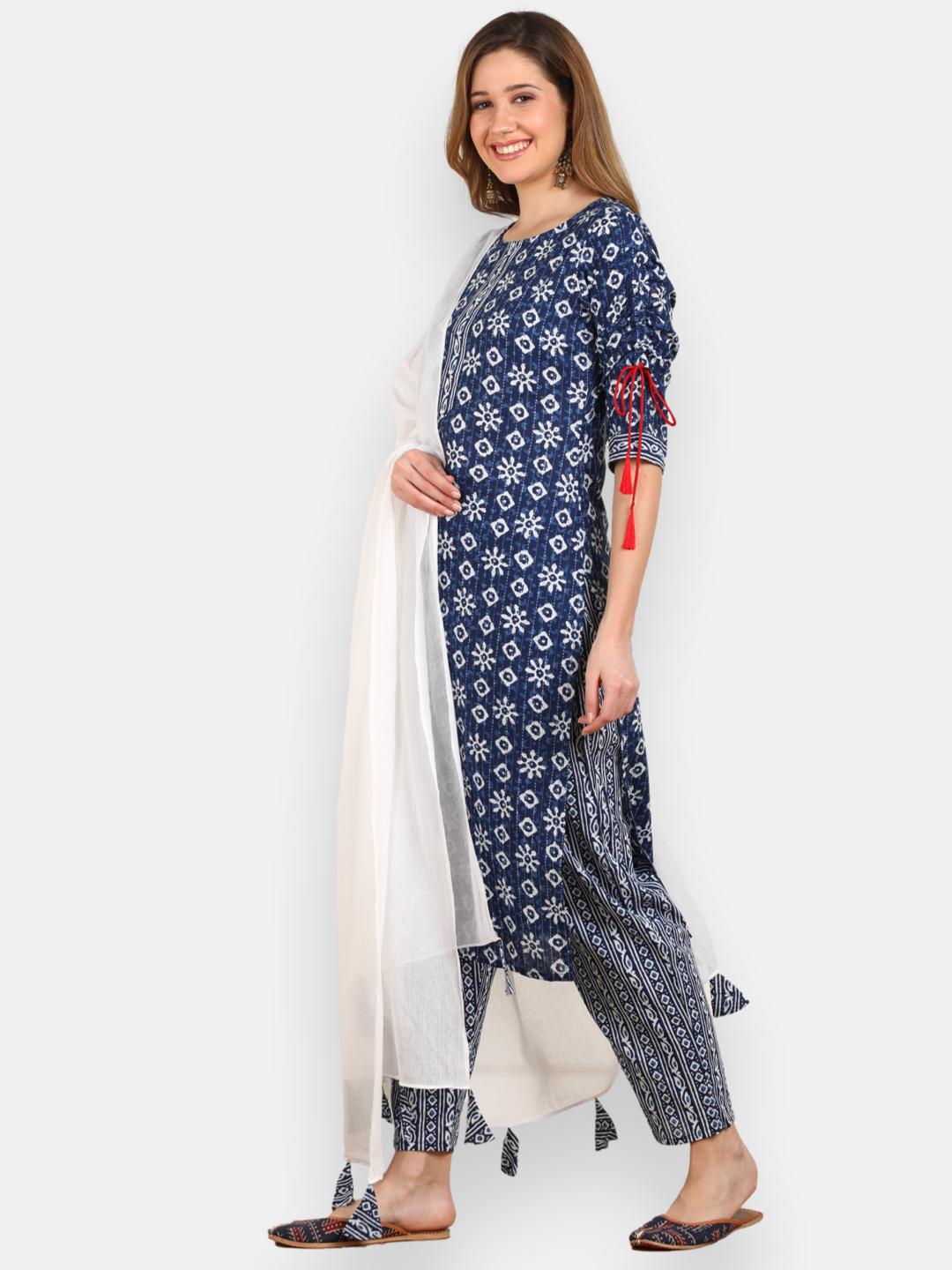 Floral Stripes Print Kurta, Pant and Dupatta Set - Indigo