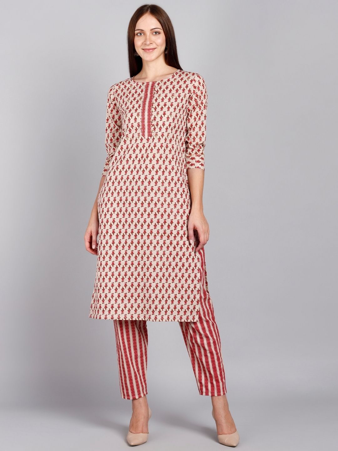Pure Cotton Floral, Striped Print Kurta and Pant Set - Ivory