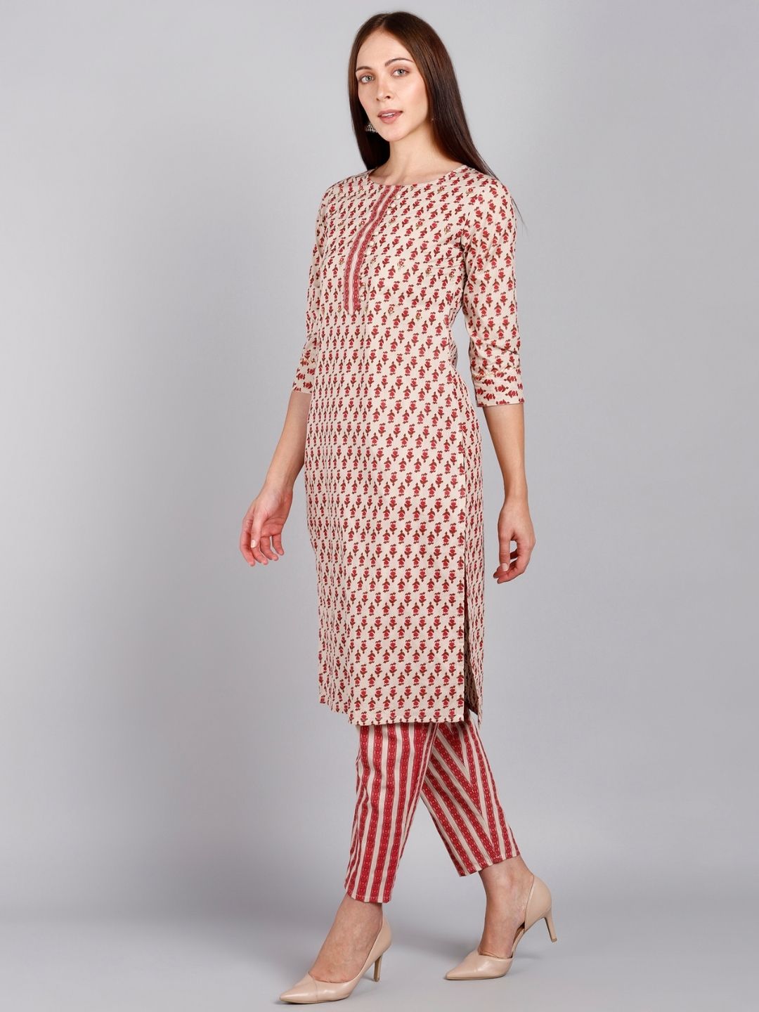 Pure Cotton Floral, Striped Print Kurta and Pant Set - Ivory