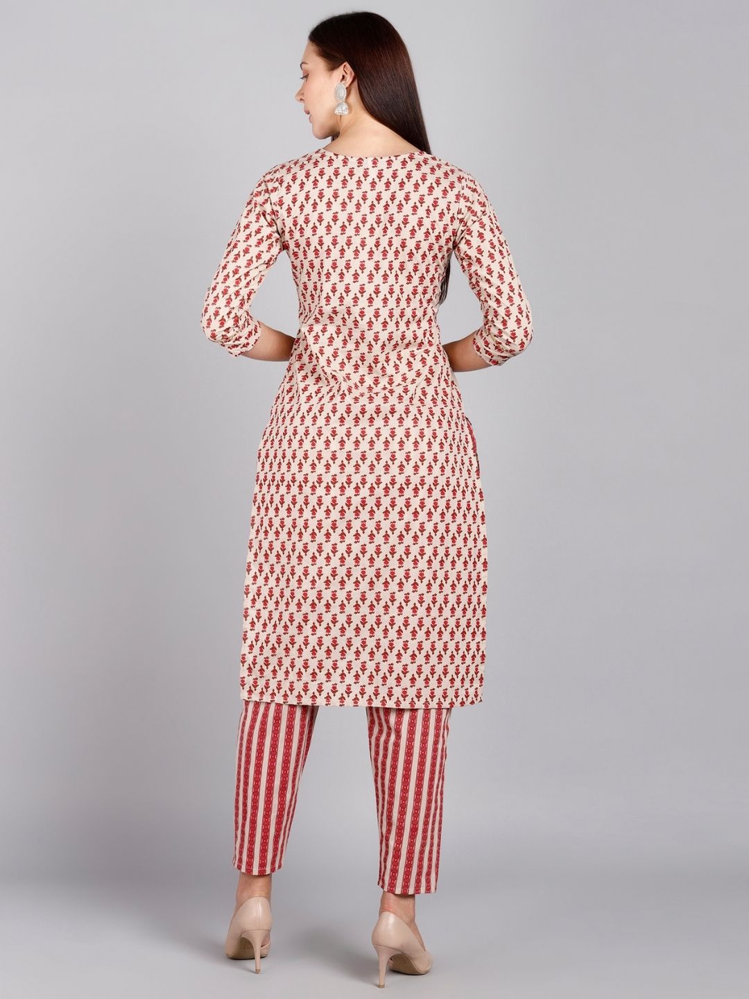 Pure Cotton Floral, Striped Print Kurta and Pant Set - Ivory