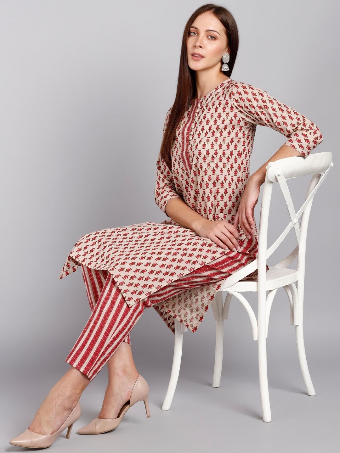 Pure Cotton Floral, Striped Print Kurta and Pant Set - Ivory