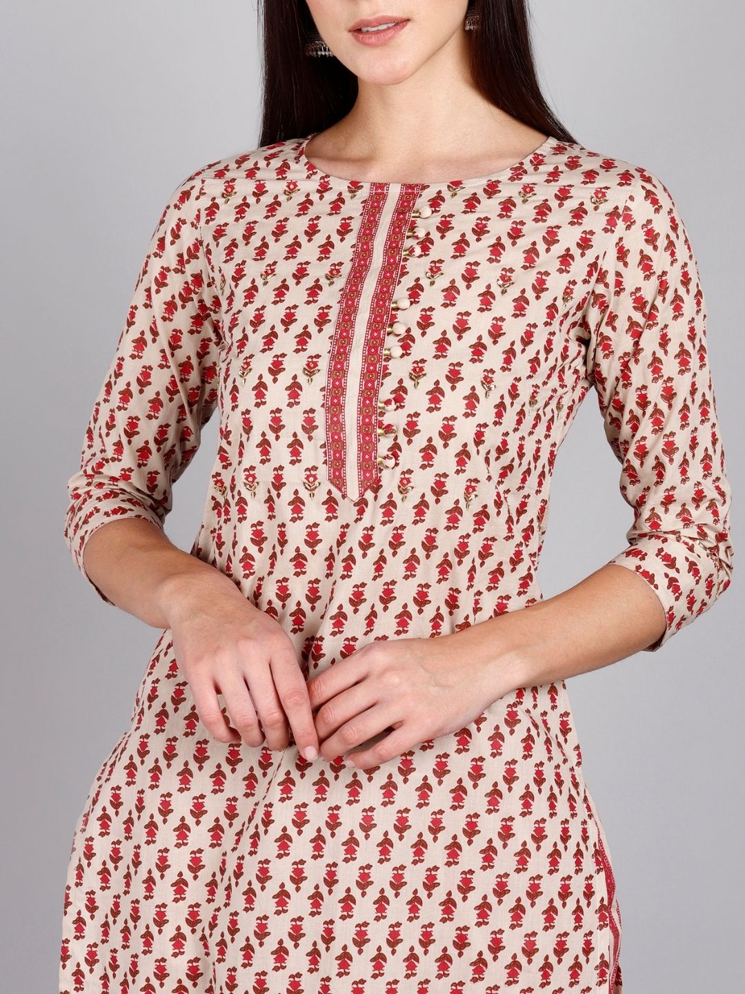 Pure Cotton Floral, Striped Print Kurta and Pant Set - Ivory