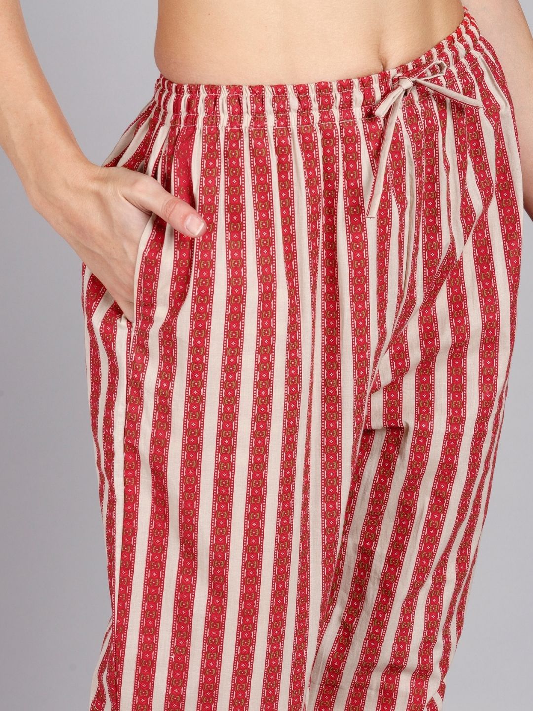 Pure Cotton Floral, Striped Print Kurta and Pant Set - Ivory