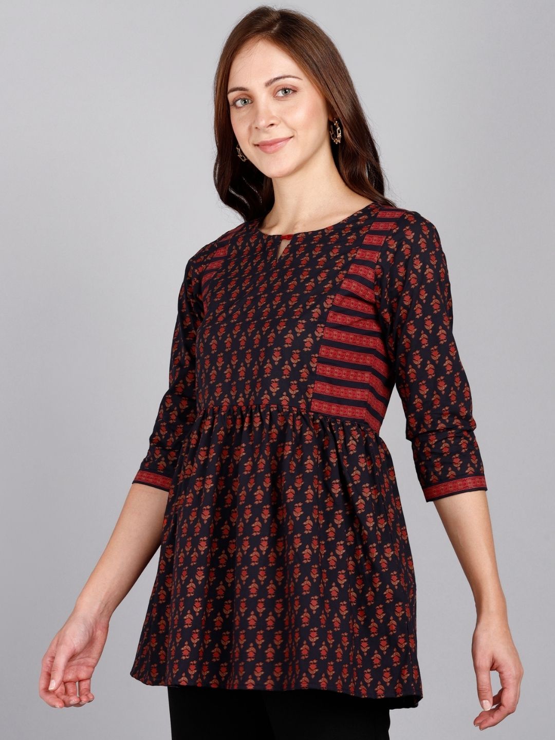 Printed Pure Cotton Peplum Top - Navy Blue