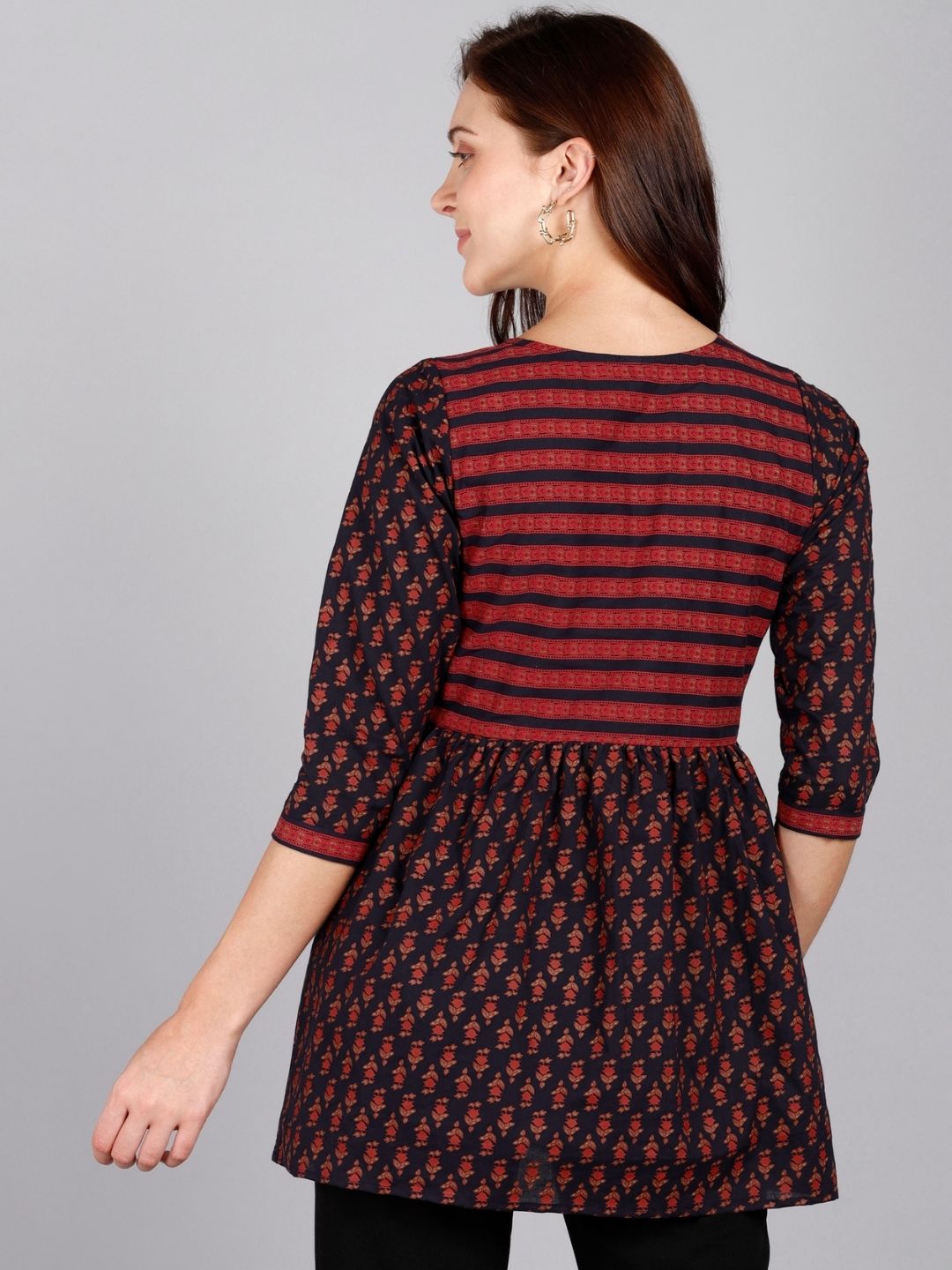 Printed Pure Cotton Peplum Top - Navy Blue