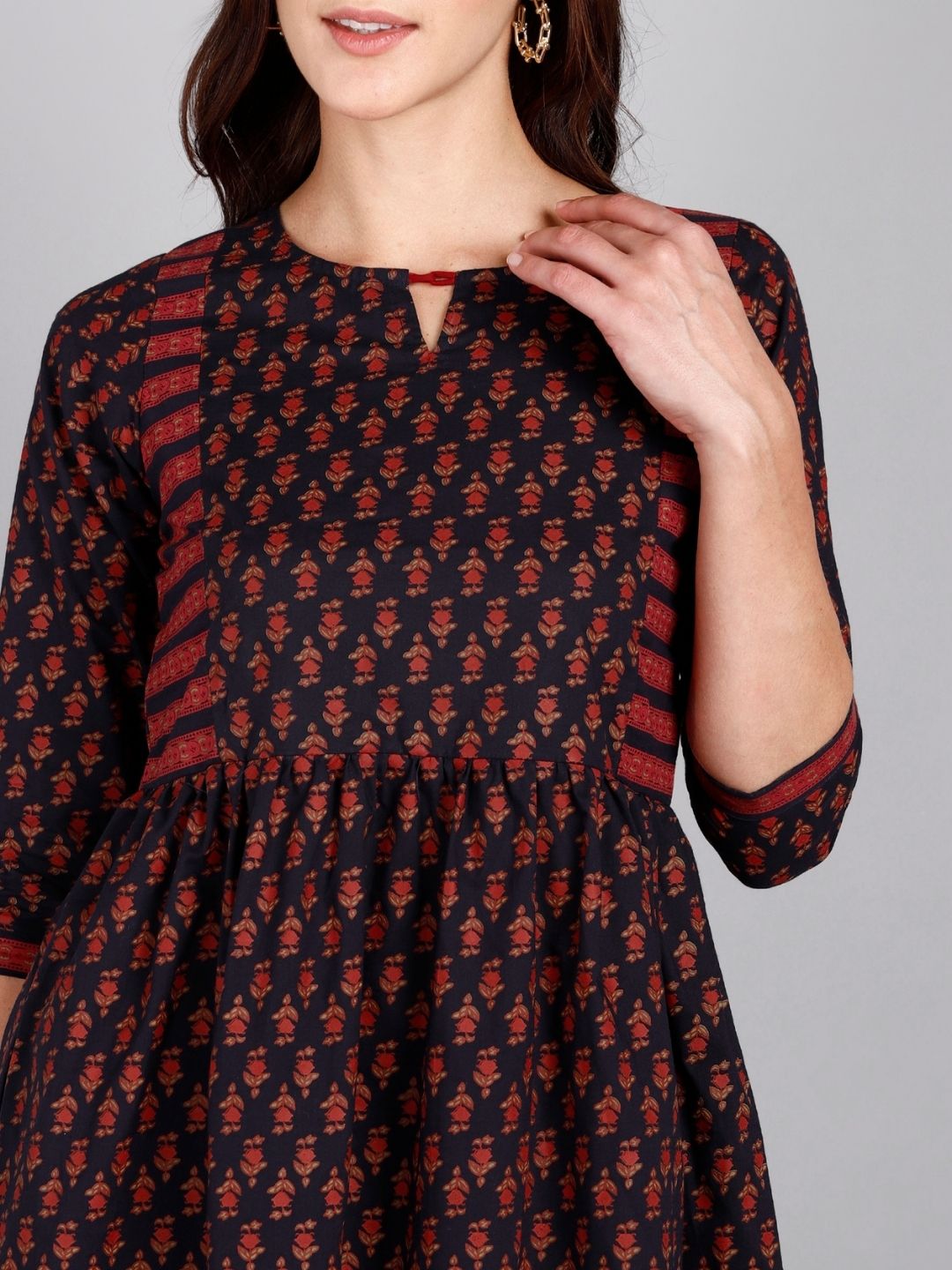 Printed Pure Cotton Peplum Top - Navy Blue