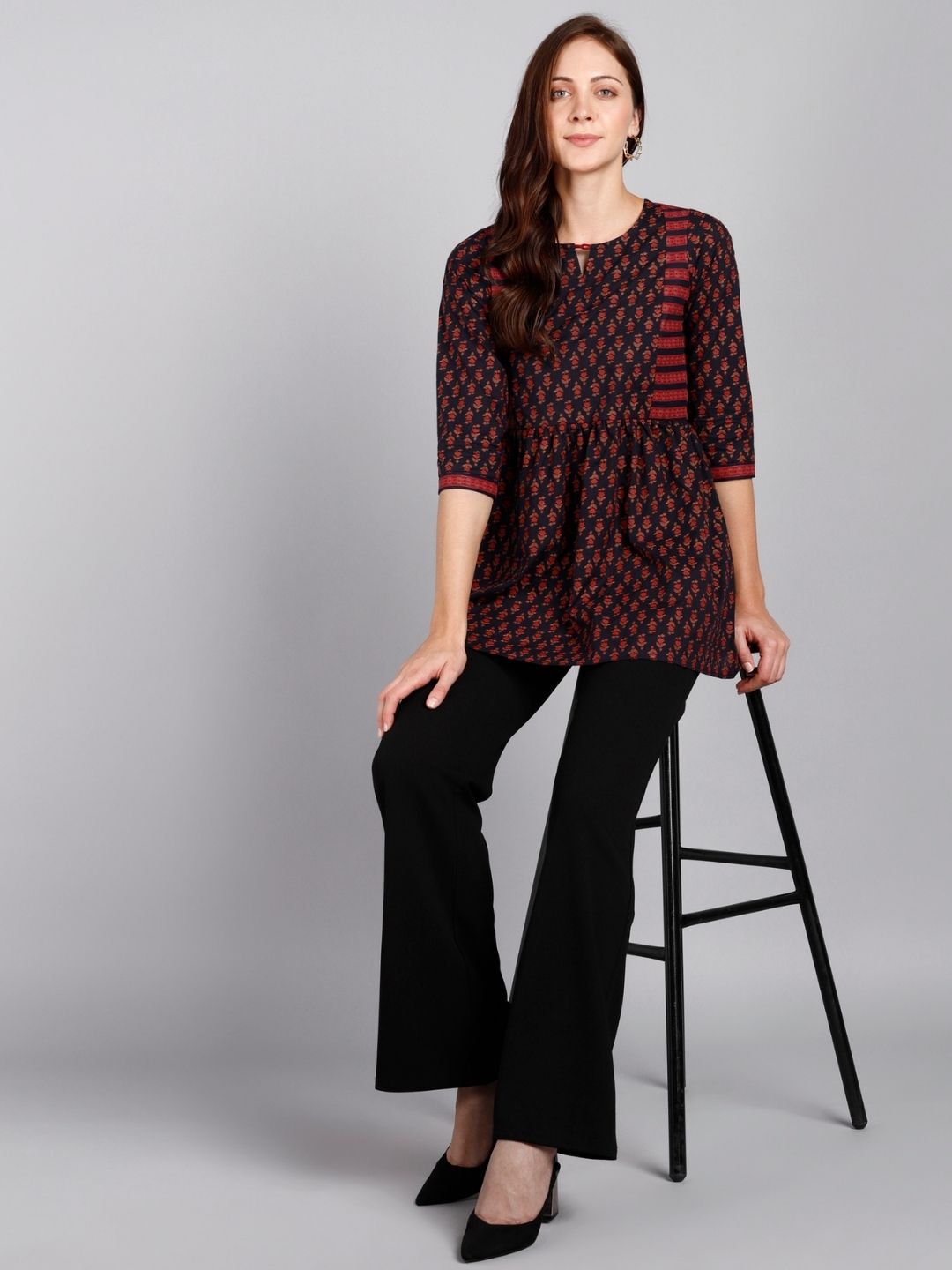 Printed Pure Cotton Peplum Top - Navy Blue