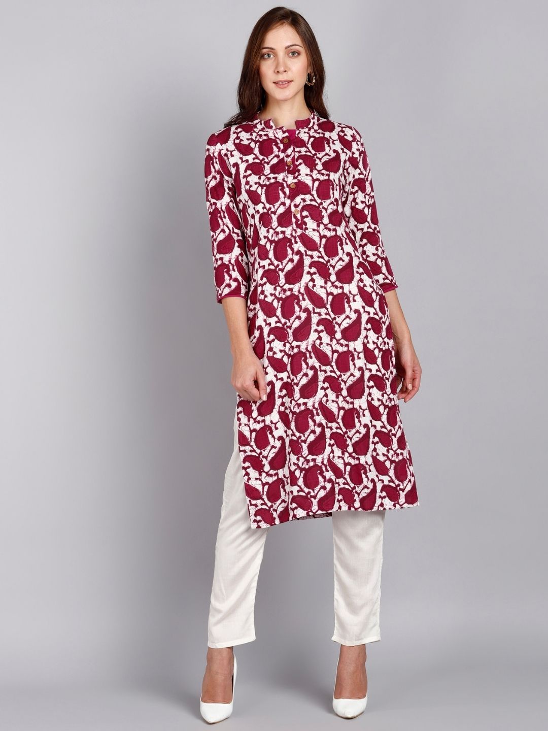 Rayon Slub Leaf Print Straight kurta - Pink