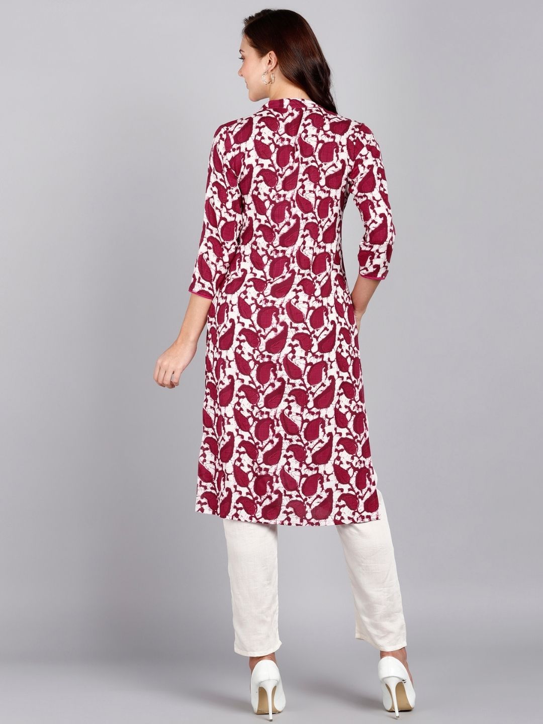 Rayon Slub Leaf Print Straight kurta - Pink