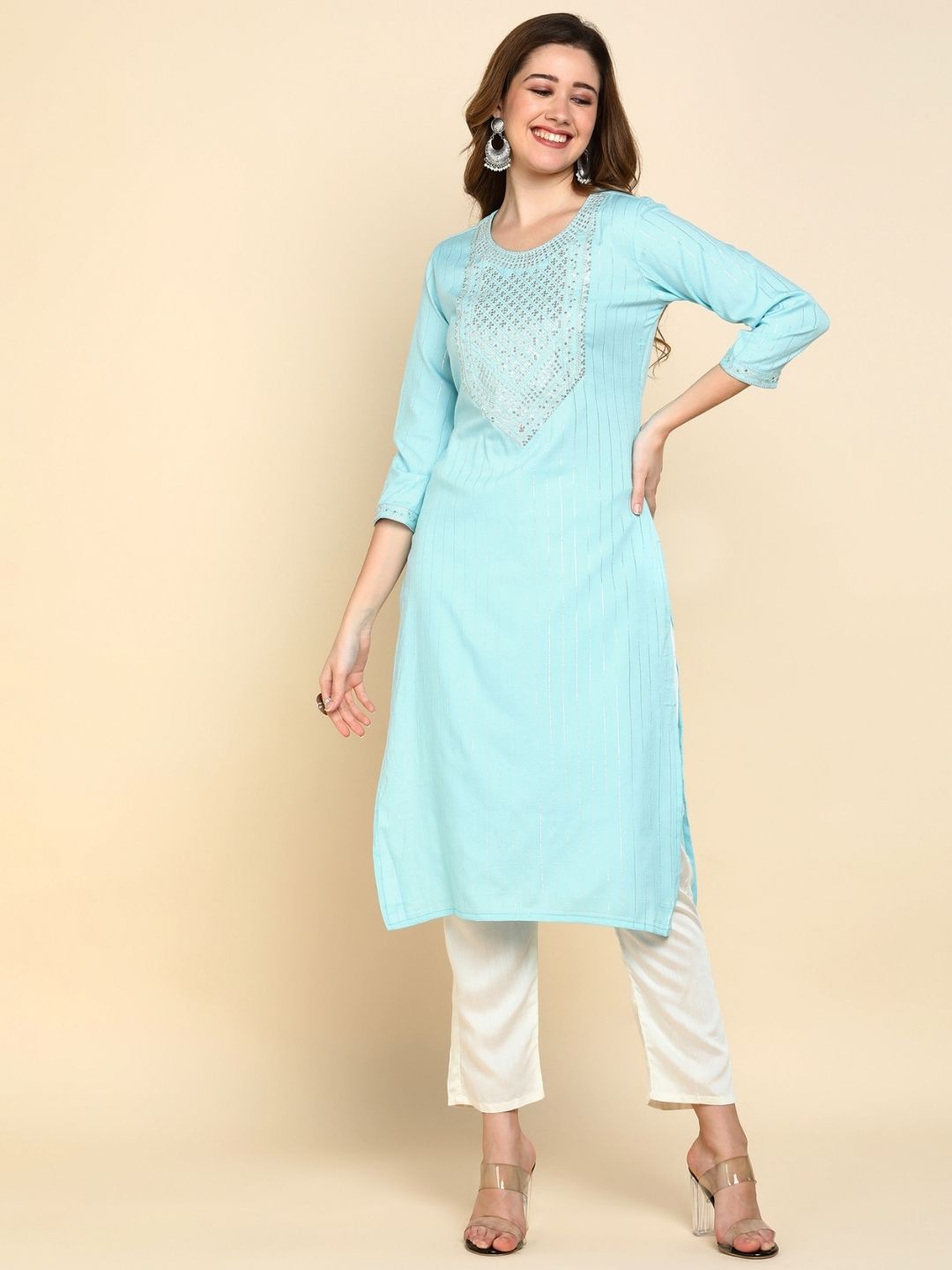 Sequin Embroidered Straight Kurta - Blue