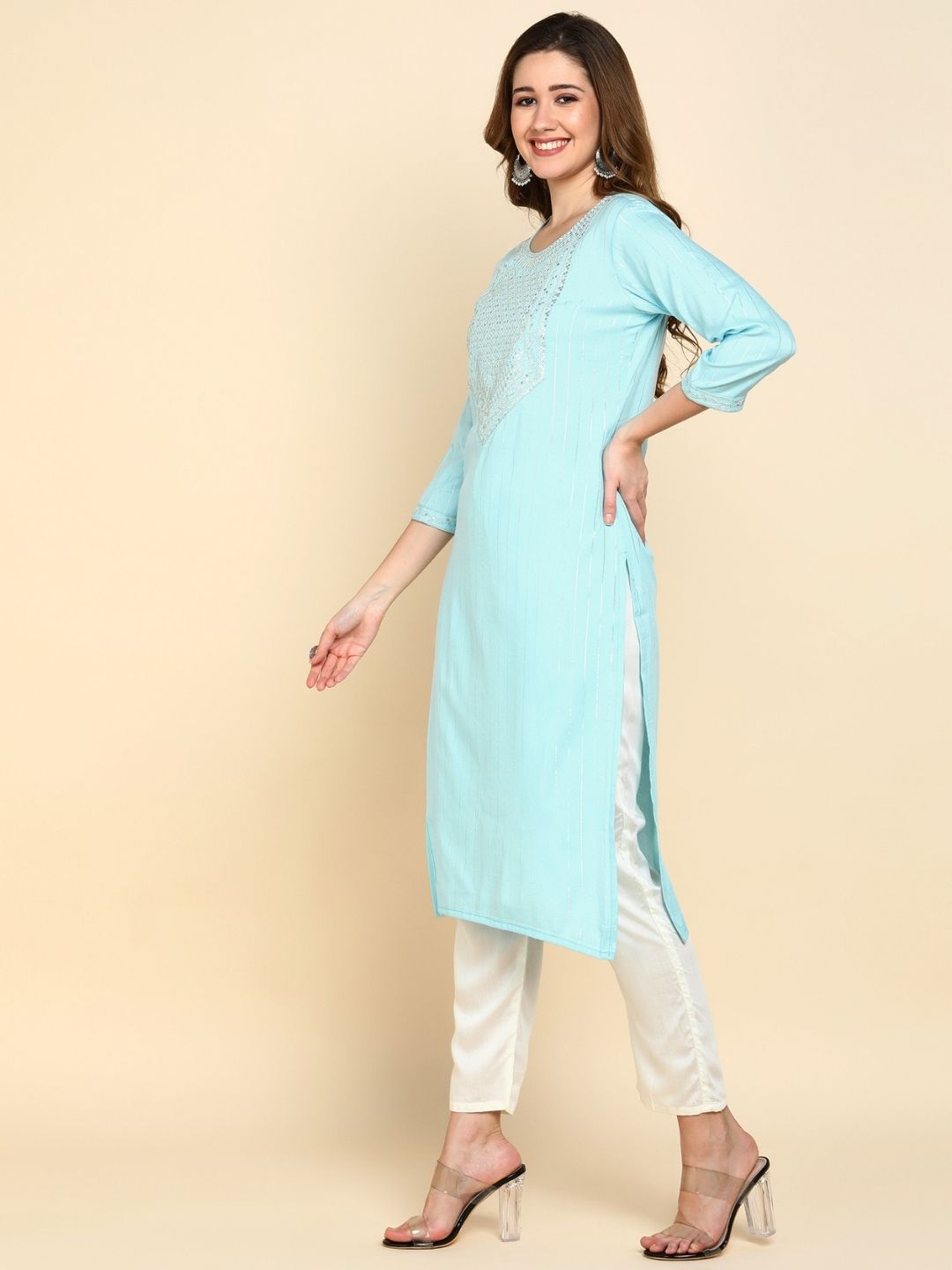 Sequin Embroidered Straight Kurta - Blue