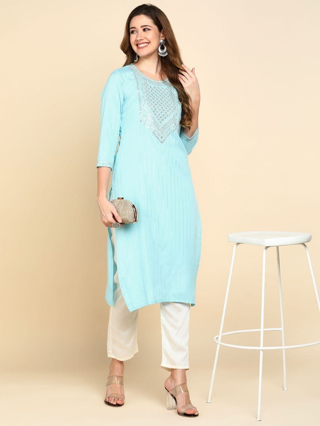Sequin Embroidered Straight Kurta - Blue
