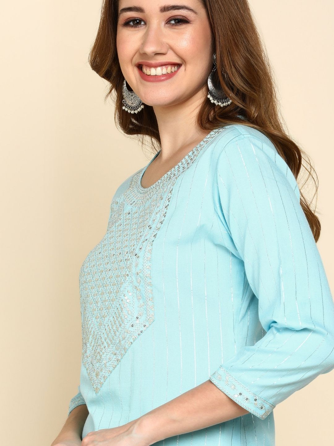 Sequin Embroidered Straight Kurta - Blue