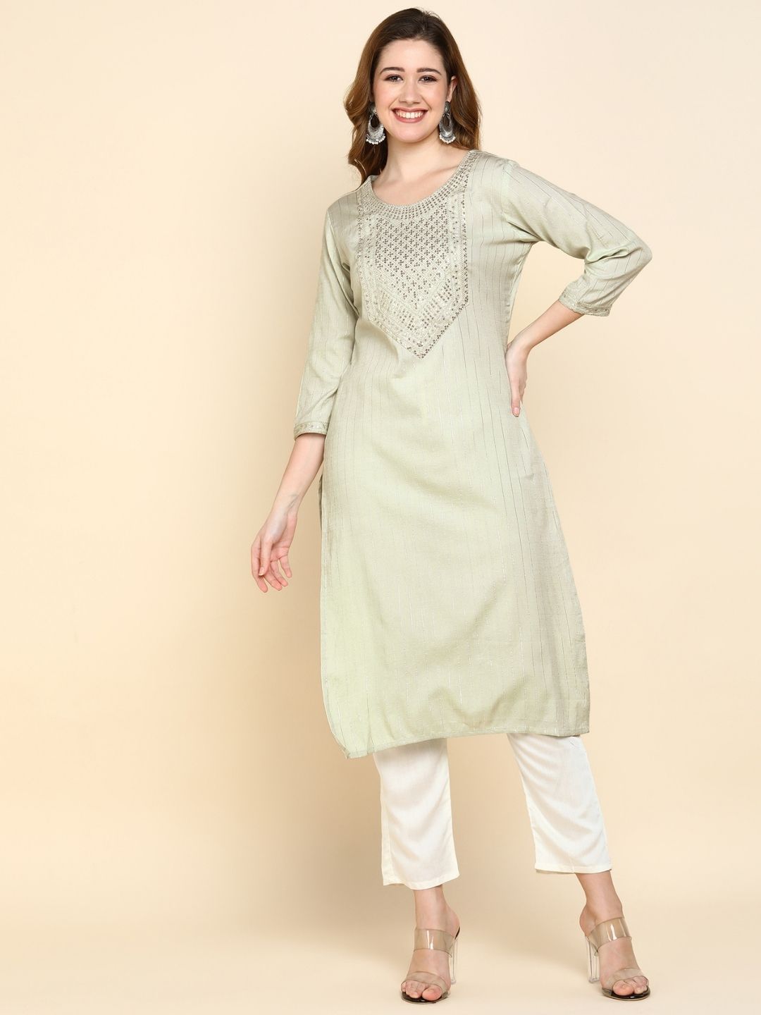 Sequin Embroidered Straight Kurta - Green