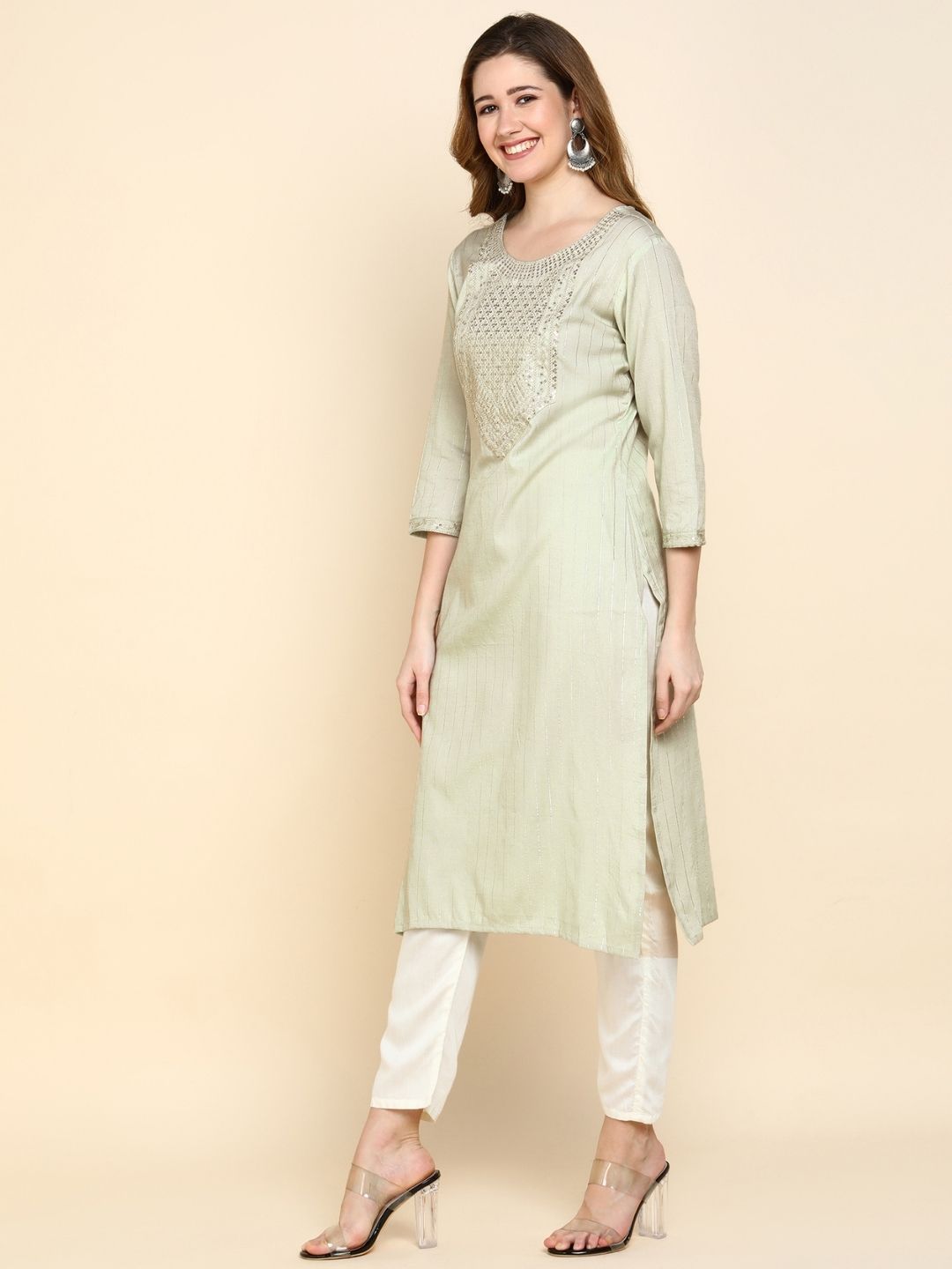 Sequin Embroidered Straight Kurta - Green