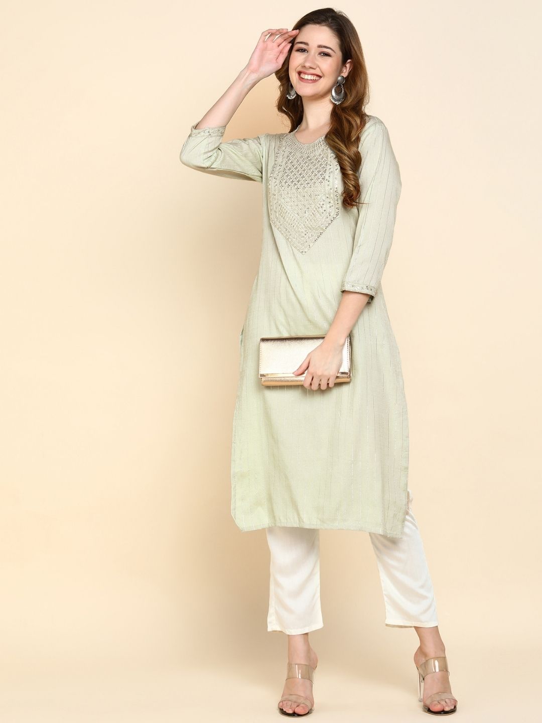 Sequin Embroidered Straight Kurta - Green