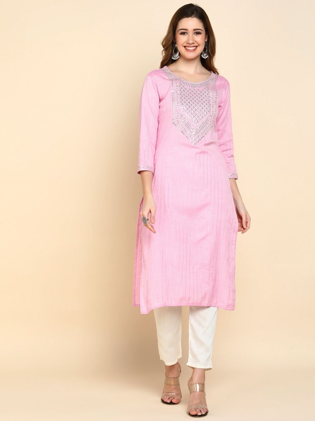 Sequin Embroidered Straight Kurta - Pink