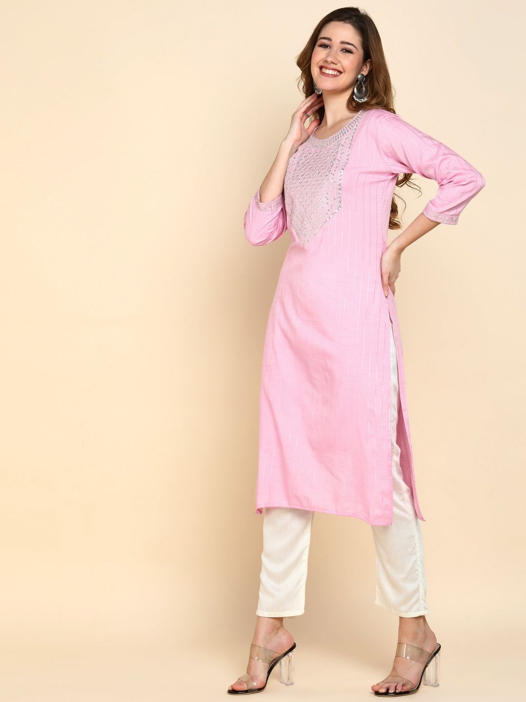 Sequin Embroidered Straight Kurta - Pink